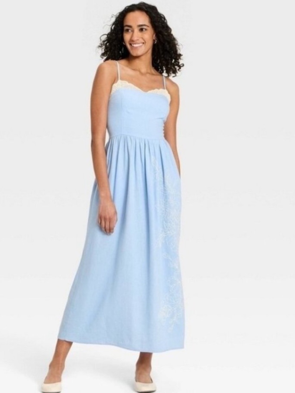 Universal Thread Light Blue Midi Dress with Cream Lace Trim